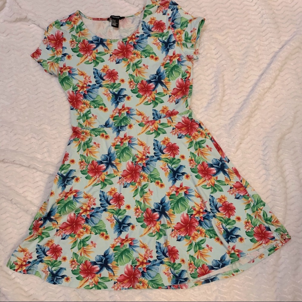 Forever 21 floral green blue pink skater dress